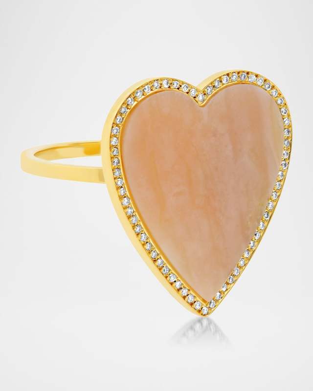 18K Yellow Gold Large Inlay Heart Ring with Pink Opal and Diamonds, Size 6.5
